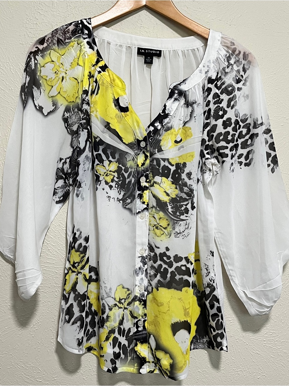 I.N. Studio White Sheer Button Front Top with Yellow and Black Floral Print